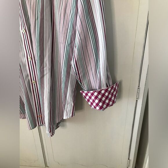 Thomas Dean Men's Multicolor Striped Dress Shirt Patterned Cuff Size Large - Picture 3 of 4